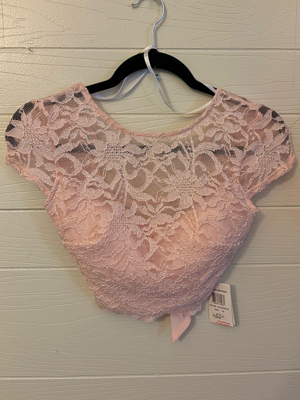 B. Darlin Women's Light Baby Pink Lace w Silver Glitter Crop Top Size 1/2 NWT